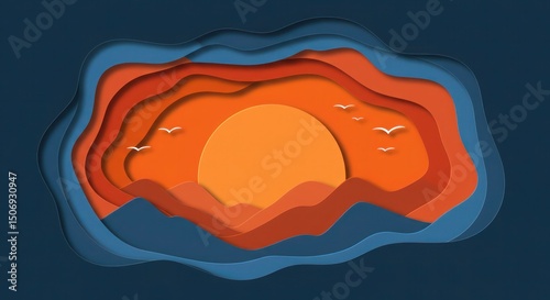 Colorful sunset scene with flying birds
