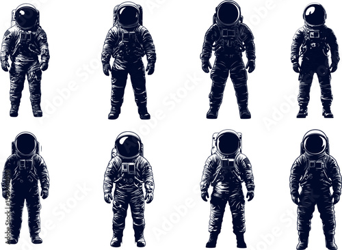 Collection of astronauts isolated on white background