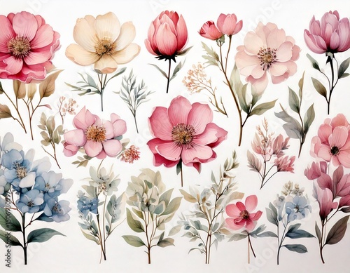 Watercolor, flowers, botanical, illustrations, abstract, hand-painted — a beautiful set of artistic elements designed for creative projects, perfect for adding elegance and charm to invitations, stati