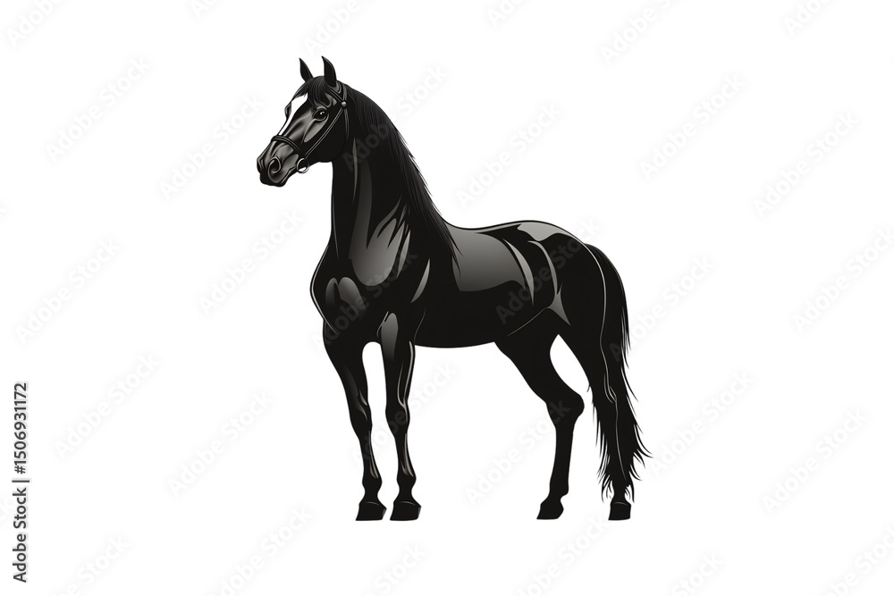 Fototapeta premium Elegant black horse standing in classic pose with refined features and proportioned build, isolated on a transparent background