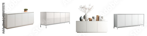 Minimalist white cabinets and shelves with decorative elements