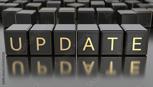 更新アップデートを意味する英単語のupdateの文字が書かれた黒いキューブブロック。AIで生成	