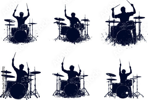 Drummers silhouettes playing music isolated on white background