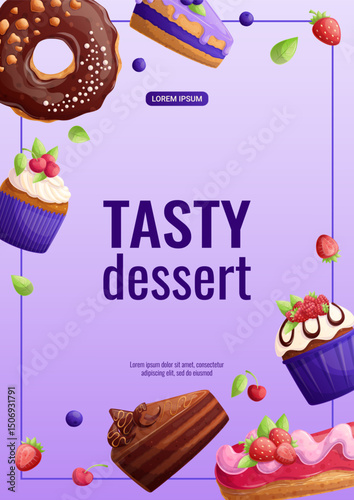 A bright design template for a delicious dessert flyer. Various types of delicate desserts. The concept of confectionery, cooking, sweets. A4 vector illustration for posters, banners