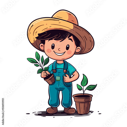 cute gardener kid childish isolated vector illustration
