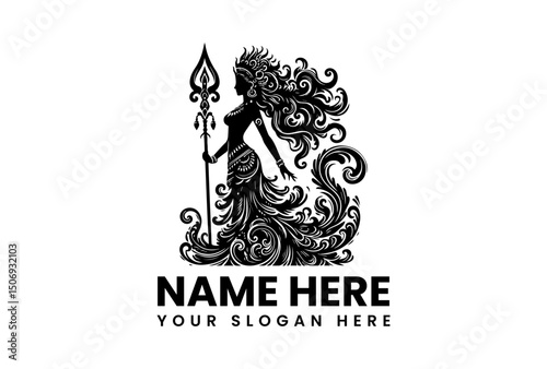 A striking vector logo silhouette of Goddess Durga with flowing hair and a trident