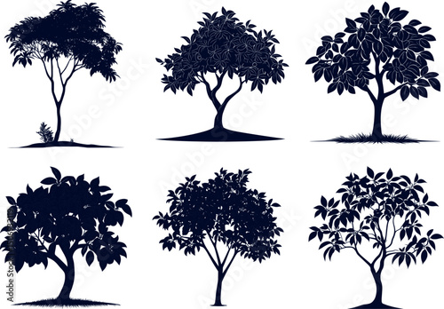 Silhouettes of various trees isolated on white background