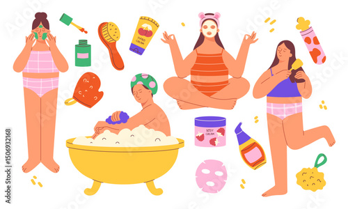 Self-care concept, home cosmetic procedures. Girls take care of themselves at home