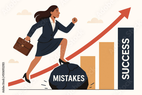 Businesswoman crushing mistakes overcoming obstacles climbing ladder success. Female professional leader breaking barriers career growth achievement triumph progress concept