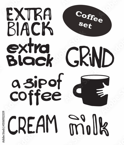Coffee set of drawn vector doodles, coffee lettering, cafeteria, line art vector, favorite, stickers for coffee shop, get a break, stamp