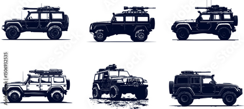 Six off-road military vehicles isolated on white background