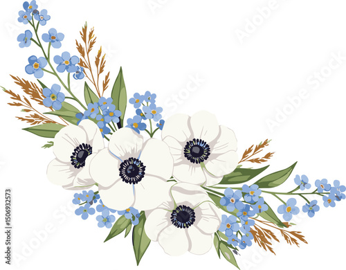 Floral frame of forget-me-nots, anemones, various wild grasses and flowers. Watercolor botanical illustration with space for text suitable for eco-branding, cards, wedding design,
