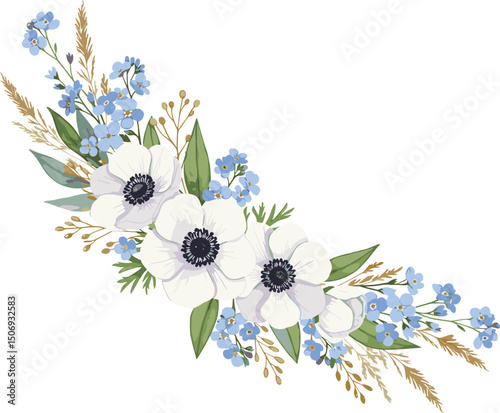 Floral frame of forget-me-nots, anemones, various wild grasses and flowers. Watercolor botanical illustration with space for text suitable for eco-branding, cards, wedding design,