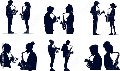 Silhouettes of musicians playing saxophone and trumpet isolated on white