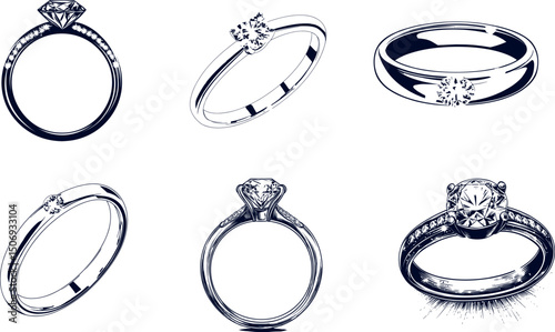 Collection of diamond rings isolated on white background