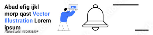 Man presenting a video screen alongside a notification bell symbolizing updates, alerts, and multimedia interactions. Ideal for media, education, marketing, communication, tech, productivity simple