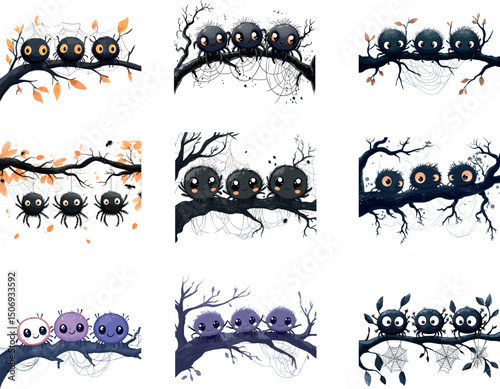 Cute cartoon spiders on branches isolated on white background