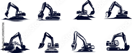 Excavator silhouettes isolated on white background