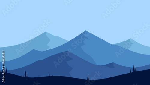 Landscape of mountain range scenery. Panoramic view of mountain peaks and ridges. Vector illustration of scenic landscape with majestic mountain range and ridges under blue sky