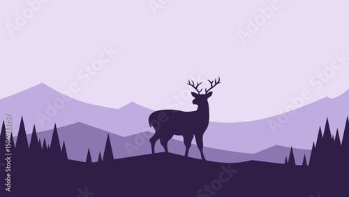 Wildlife landscape of deer silhouette on a mountain ridge scenery. Panoramic view of deer on a hill with coniferous tree. Vector illustration of scenic landscape with deer in the pine forest
