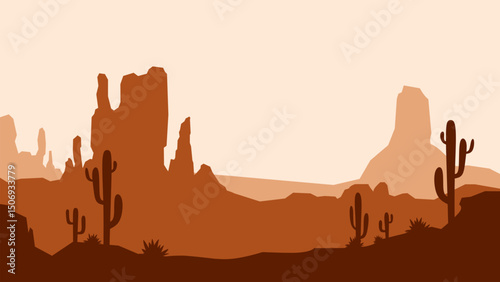 Desert landscape of canyon scenery with cactus and butte. Panoramic view of wild west desert with cacti and a sunset sky. Vector illustration of the scenic arizona desert with buttes and mesas
