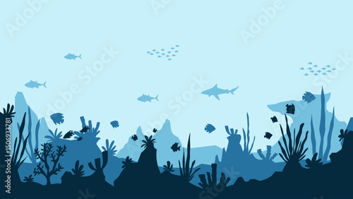 Underwater landscape of fishes and coral reefs scenery. Panoramic view of tropical fish and a shark in aquatic environment. Vector illustration of marine life with sea animal and nautical vegetation