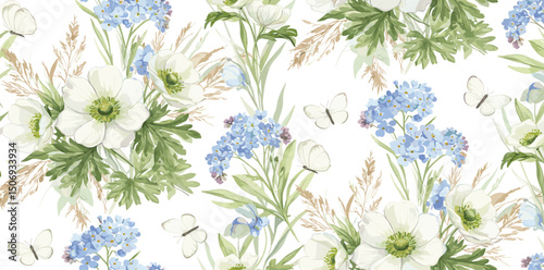 Green grass, wild flowers, blue forget-me-nots, white anemones and butterflies. Delicate watercolor botanical seamless pattern.