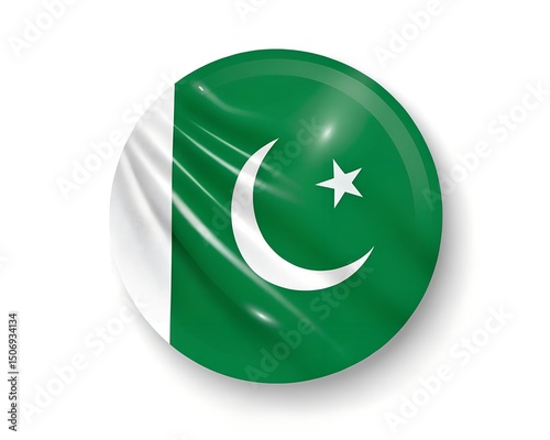 Explore the Striking 3D Pakistani Flag Button Icon with Green White Crescent and Star for National Pride and Cultural Heritage Representation