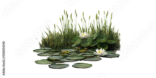 Lush Pond Scene With Frogs, Water Lilies, And Cattails. Tranquil Nature And Wetland Habitat Isolated On Transparent Background