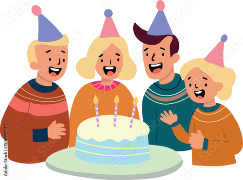 Cheerful family wearing traditional Icelandic sweaters , singing around birthday cake