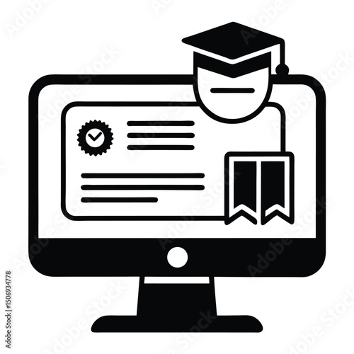 Online Education Certificate Icon - E-learning & Graduation