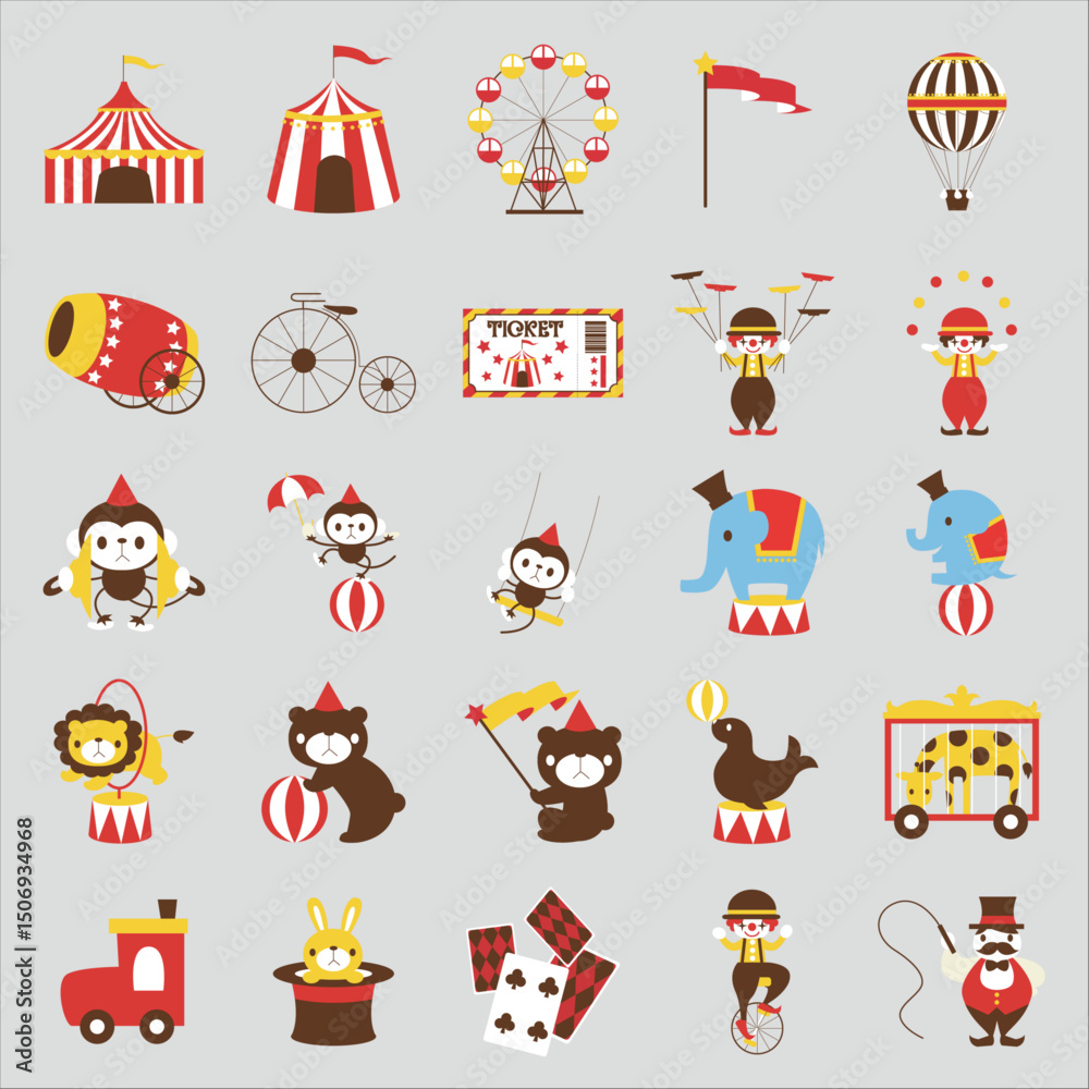 Fototapeta premium Vibrant Circus Icon Collection: Retro Big Top, Clown Acts & Animal Performances for Digital Design