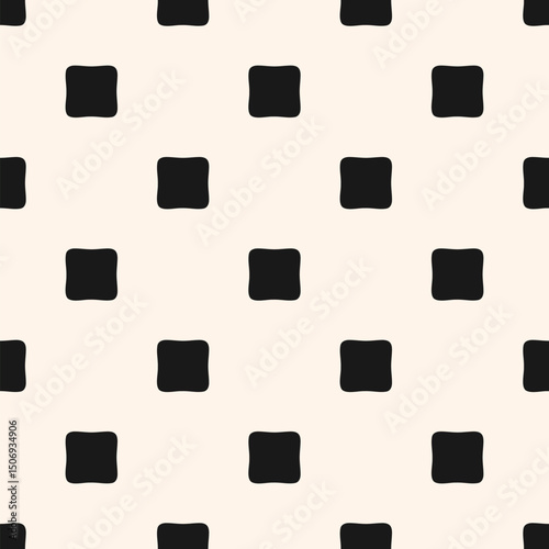 Vector minimalist seamless pattern. Simple black and white minimal geometric background. Abstract monochrome texture with rounded squares, polka dots in regular grid. Repeated all-over geo design
