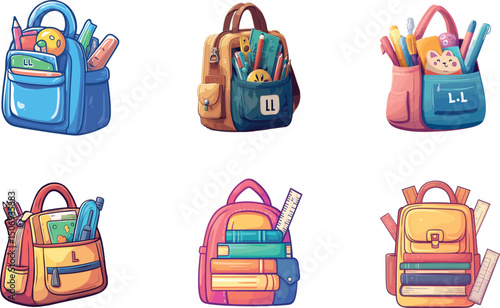 Collection of school bags isolated on white background