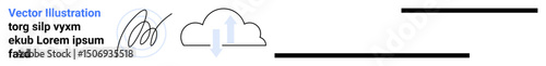 Digital signature beside cloud with download arrow representing secure data storage, sharing, and document management. Ideal for technology, business, security, contracts, cloud solutions, data