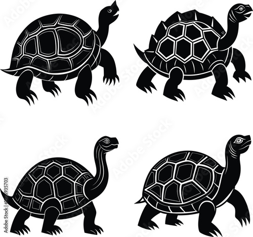 Four turtle illustrations in black and white simple graphic set