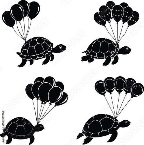 Turtles carried away by balloons black and white seamless pattern background