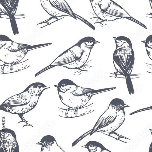 Hand-drawn  willow  tit (Poecile montanus). Vector seamless pattern.