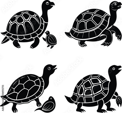 Turtle family illustration various positions mother and baby turtle sea creatures black silhouettes