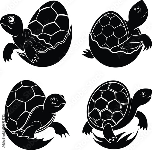 Black and white set of hatching baby sea turtles emerging from eggs