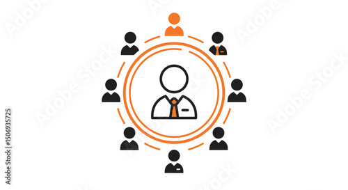 Line art icon of central manager avatar with tie, connected to surrounding team member icons by orange circular lines. Network, hierarchy, or organizational structure concept. AI Generative
