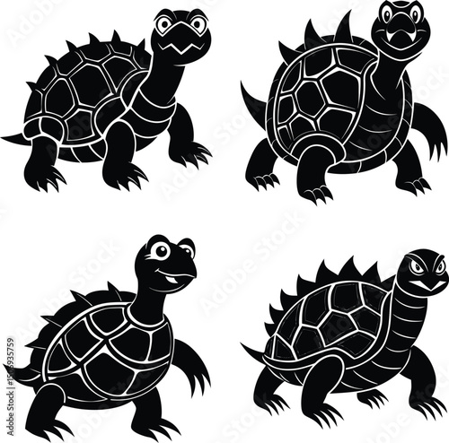 Set of cute cartoon turtles in black and white illustration
