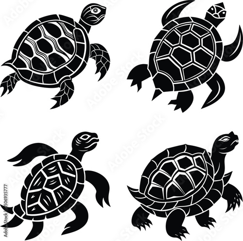 Four turtle designs black silhouettes on white background marine animals