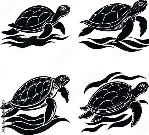 Turtle icons swimming in the ocean black and white sea life graphics
