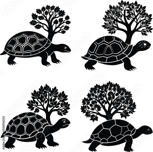 Turtle with a tree on its back black and white pattern