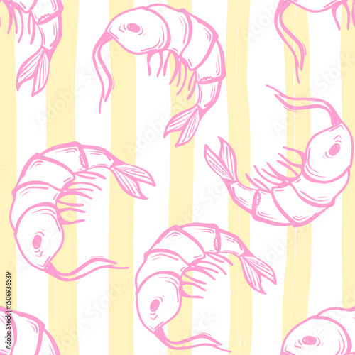 Shrimps vector seamless pattern. Hand drawn Marine illustrations of pink engraved line on Stripe Yellow background. La Dolce Vita themed print, inspired by Summer Italian aesthetic.