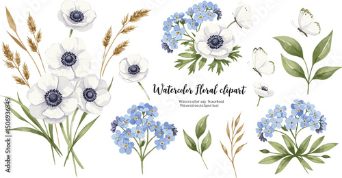 Blue forget-me-nots, purple and white anemones, butterflies and wild herbs. Watercolor illustration with disassembled bouquet elements, suitable for eco-branding, packaging, cards