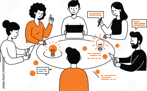 Line art illustration of diverse team brainstorming at round table. Lightbulbs symbolize ideas, speech bubbles for communication. Orange accents, modern collaborative workspace. AI Generative
