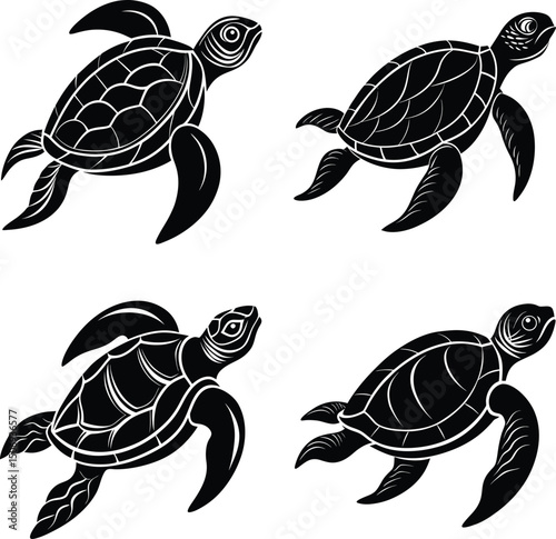 Seamless pattern of black sea turtles on a white background