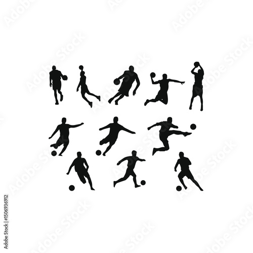 football players silhouettes, Silhouettes of Basketball and Soccer Players in Action, set of silhouettes of people playing in action,